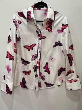 Pink Tartan Silk White Blouse with Pink Butterfly Motif and Black Piping